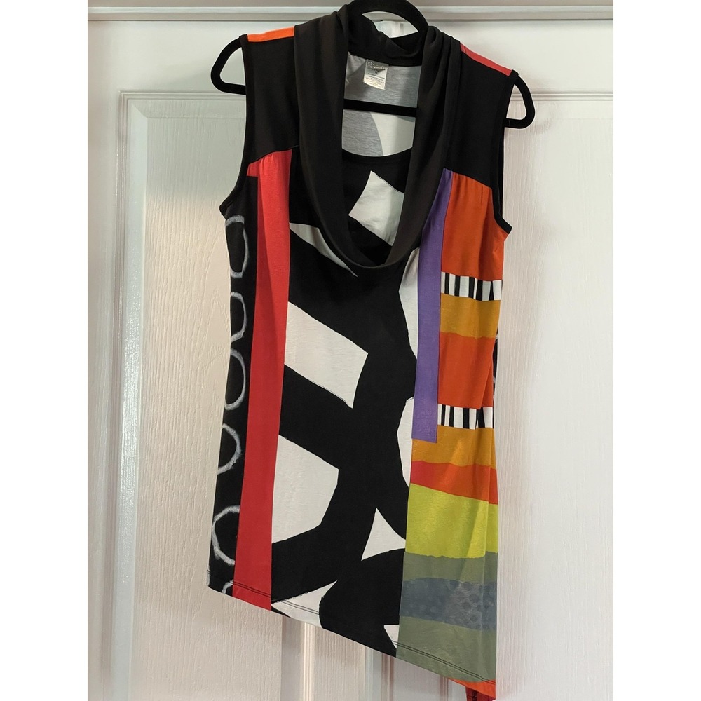 Dolcezza Tank Top Womens M Multicolor Geometric Cowl Neck Tunic Top Asym Hem
